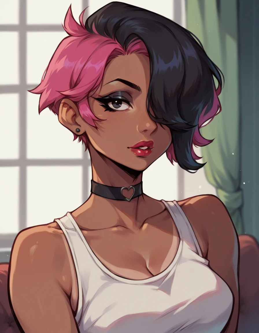 score_9, score_8_up, 1girl, solo, multicolored hair, black hair, short hair, pink hair, black eyes, choker, tank top, indoors, upper body, hair over one eye, makeup, looking at viewer, blurred background, dark skin, tan skin, lipstick, choker, flat color