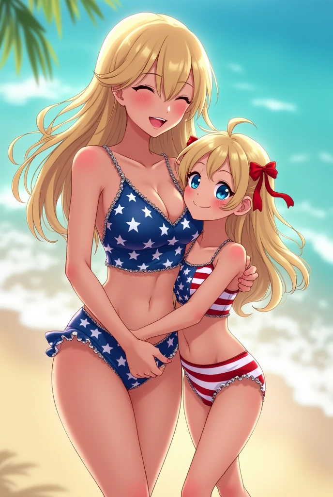 (absurdres, 8k, 4k, masterpiece, hyper extreme detailed:1.2), solo, 1girl, side view, perfect face, 1girl, portrait, looking at viewer, solo, standing, Female, toned body, mature female, large breasts, america, american, friendlly, hero, heroic, kind, brave, , american flag, patriot, patriotic, blonde, messy hair, long hair, blue eyes, smile, brown jacket, bomber jacket, jean shorts, ponytail, wide eyes, baseball cap, half body, perfect anatomy, hands on hips, messy hair, hair covering forehead, swept bangs, 1girl, solo, Blue sky, swept bangs, red, white. blue, america bikini, american bikini,