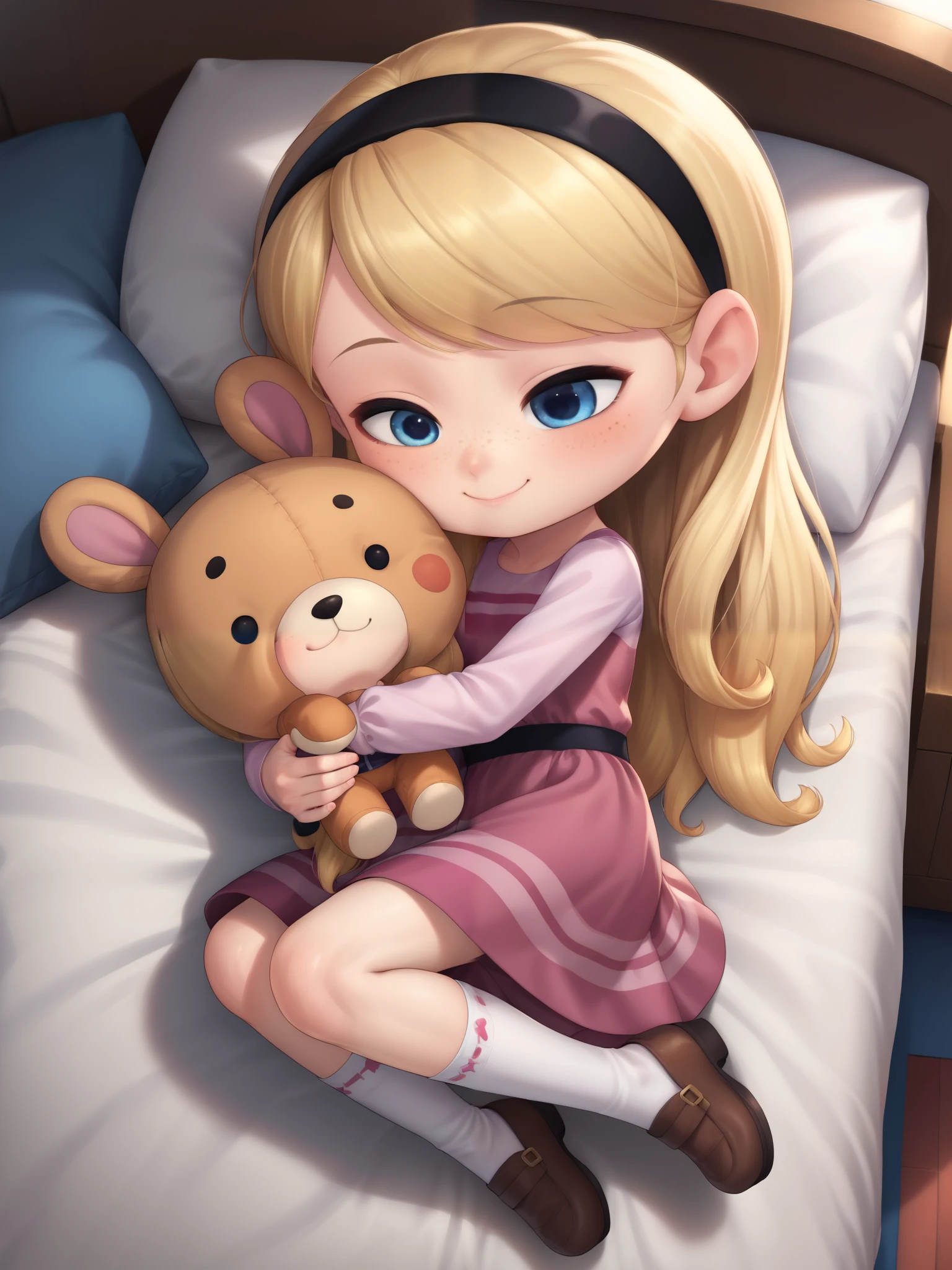 score_9, score_8_up, score_7_up, source_anime, best quality, masterpiece, highly detailed, 1girl, full body, solo, penny peterson, long hair, blue eyes, freckles, blonde hair, skirt, hairband, black hairband, white long tube socks, ,dress, ,pink dress, long sleeves, no shoes, ((bedroom)), sleeping in bed, sleepy, leaning, eyes closed, closed mouth, cute girl, cute smile, hugging, a plush toy, hugging, snuggled up, soft lighting, ((Midnight)), chibi, BREAK, BREAK lora:add-detail-xl:1>, zPDXLxxx, zPDXL2