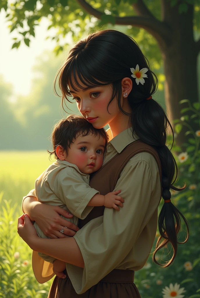 Jesus Christ, beautiful, powerful, hyper mega realistic, with fraternal expression embracing a hyper realistic five-year-old, in a garden of beautiful lighting