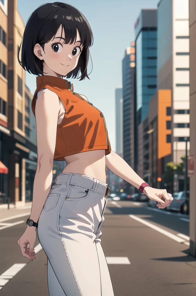 cell saga, short hair, black hair, bob cut, bangs, black eyes, 1girl, solo, sleeveless jacket, open clothes, midriff, belt, orange jacket, open jacket, red crop top, white pants, wristwatch, cowboy shot,  from side, looking at viewer, light smile,
