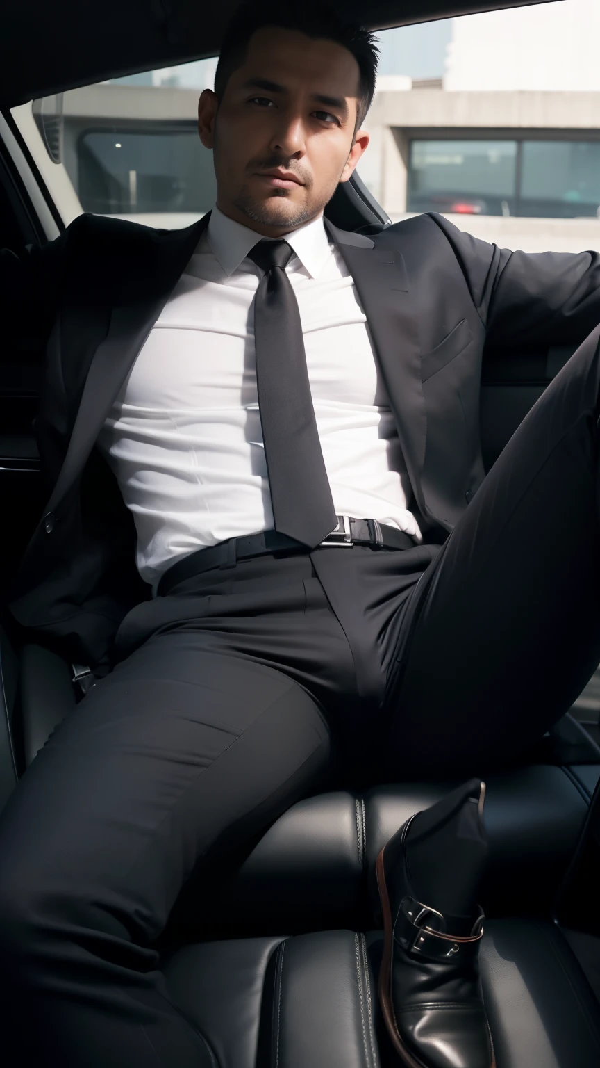 Elegant man sitting in the seat of a supercar, young man, Wearing a suit with the crotch showing his cock draped upwards., Realistic picture, Dark hair, no beard