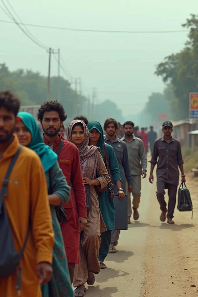 A 22 years old beard boy with Punjabi, a 20 years old burka niqab hijab girl and a 4 years old baby boy walking on a busy road with a Bangladesh flag in hand in rain beside a baord named "KONABARI GAZIPUR"