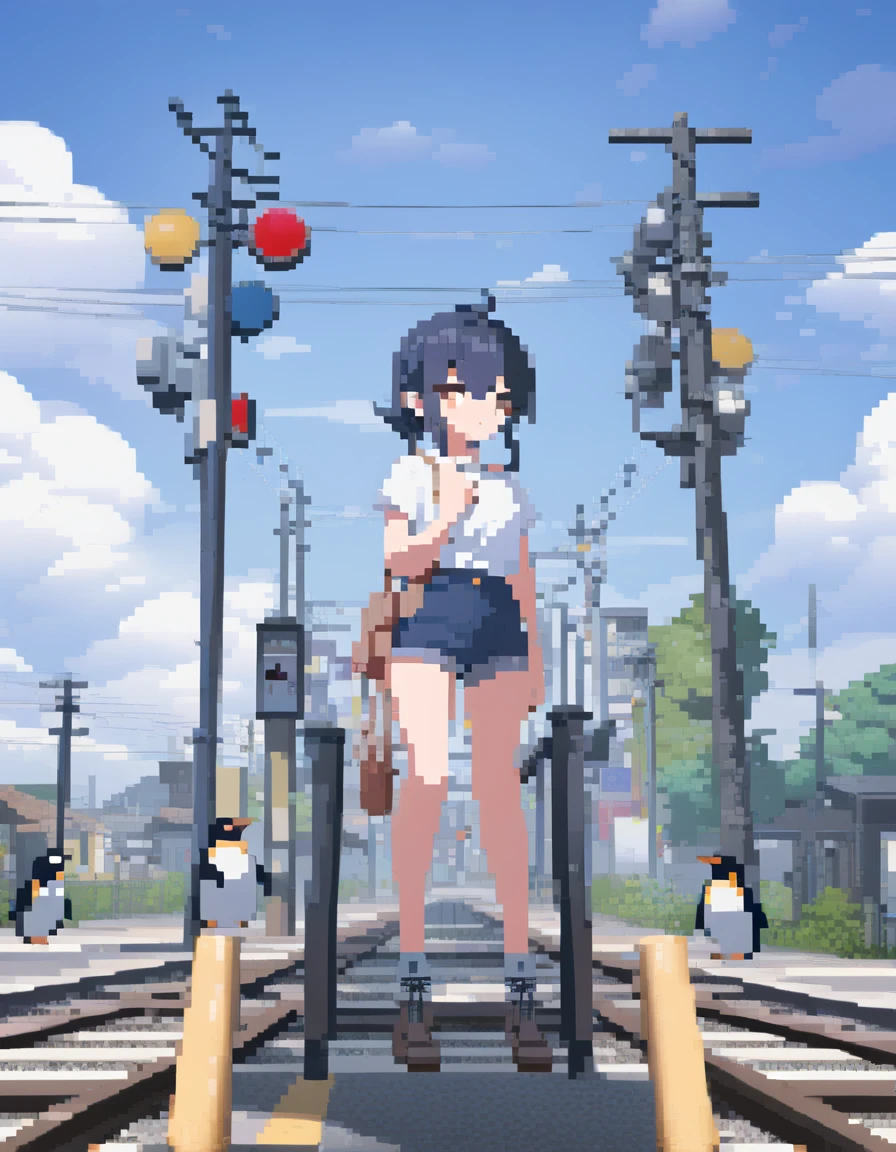     Masterpiece  ,   exquisite details  , penguin・ハイウェイ, best quality,handrail, cloud,Power lines, Viewers, Electric pole, bangs, cloudy ,空飛ぶpenguin, multiple , Shorts,  day, Railroad crossing, 空飛ぶpenguin,penguin,penguin,penguin