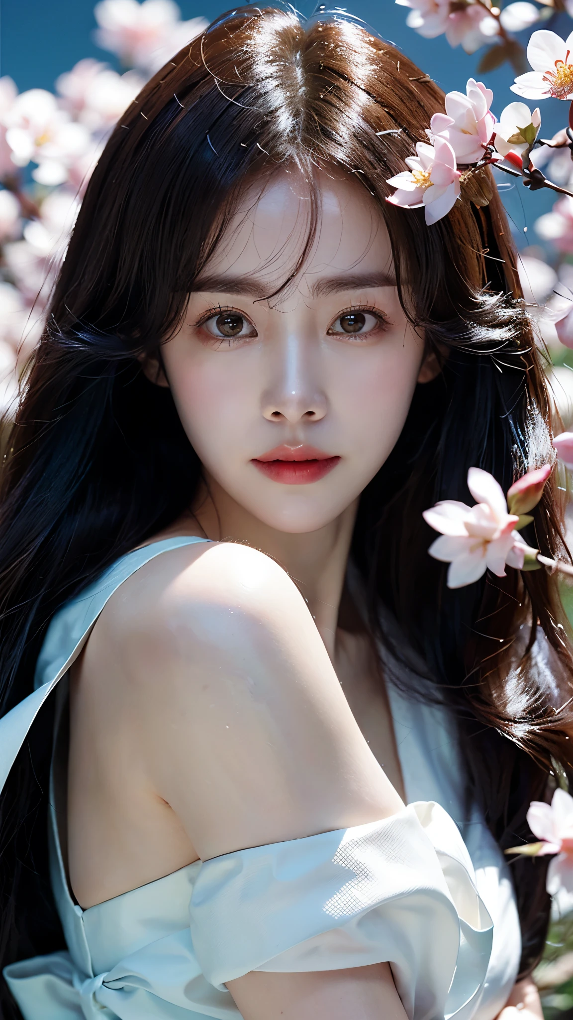 ( logo , masterpiece, 8k, Tabletop, RAW photos, huge , Top Quality, realistic and High quality 디테일 CG integrated 8k wallpaper, High quality, High quality 디테일, particle effect , Dynamic Effects , border depth , Movie lighting, Lens Flare, ray tracing , with pale golden eyes )), (( 1 Beautiful Woman , silvery long hair , beautiful face, Real face, beautiful, clear eyes, beautiful skin )), ((night, , Blue full moon , night sky, cherry blossoms, cherry blossomss, Falling Petals , Flying petals)), beautiful eyes