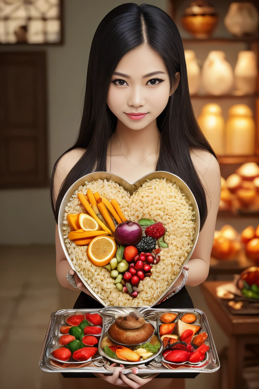 Super detailed high resolution studio cinematographic photo, anatomically perfect human heart model made of white rice, Rice heart model stands on an exquisite Vietnamese tray and around it on the tray is wrapped cooked cobra which is watered with soy sauce, this large rice heart model with cobra and fruit is served on a tray by a very colorful and charismatic Vietnamese chef in typical bright Vietnamese attire.