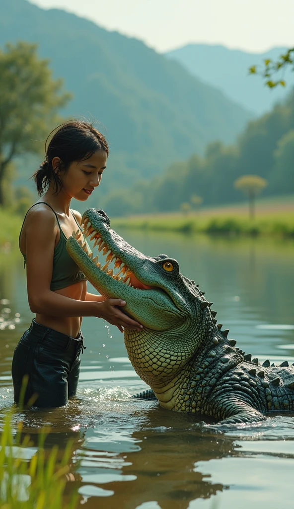 giant alligator has a big fish in its mouth, attractive young woman behind it holding the alligator