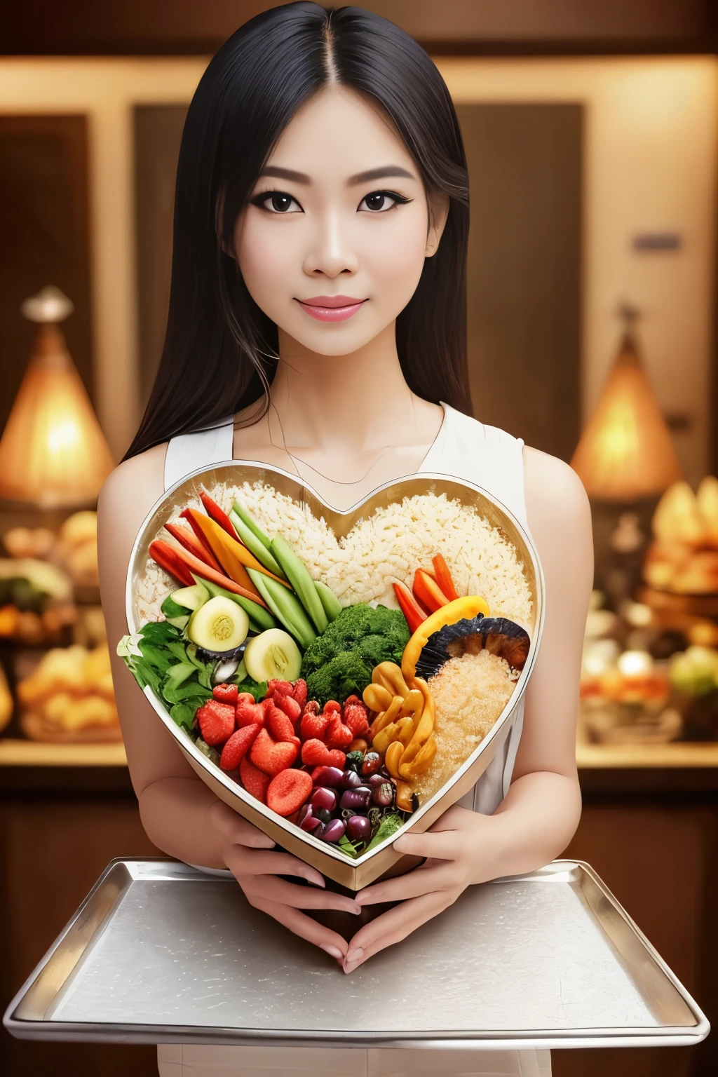 Super detailed high resolution studio cinematographic photo, anatomically perfect human heart model made of white rice, Rice heart model stands on an exquisite Vietnamese tray and around it on the tray is wrapped cooked cobra which is watered with soy sauce, this large rice heart model with cobra and fruit is served on a tray by a very colorful and charismatic Vietnamese chef in typical bright Vietnamese attire.