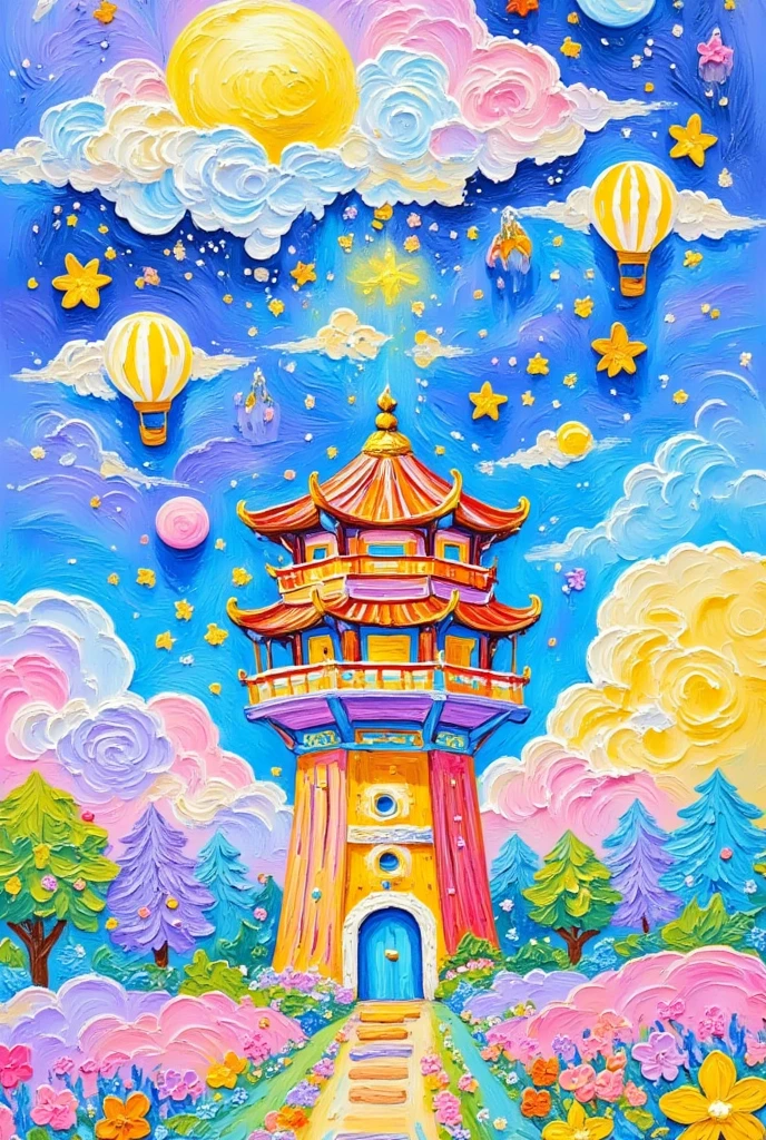  of paintings， depicting a tall tower with a sky background and clouds, 这是一幅细致of paintings，Inspired by Torii Kiyomasu  ,  popular on ArtStation , Fantasy Art,  digital painting of a tower , Ancient Chinese Tower, Cloud Palace, 高度细致的数字艺术, Highly detailed digital painting, detailed painting 4k , A tall beautiful painting, Chinese Architecture, Dreamy Chinatown