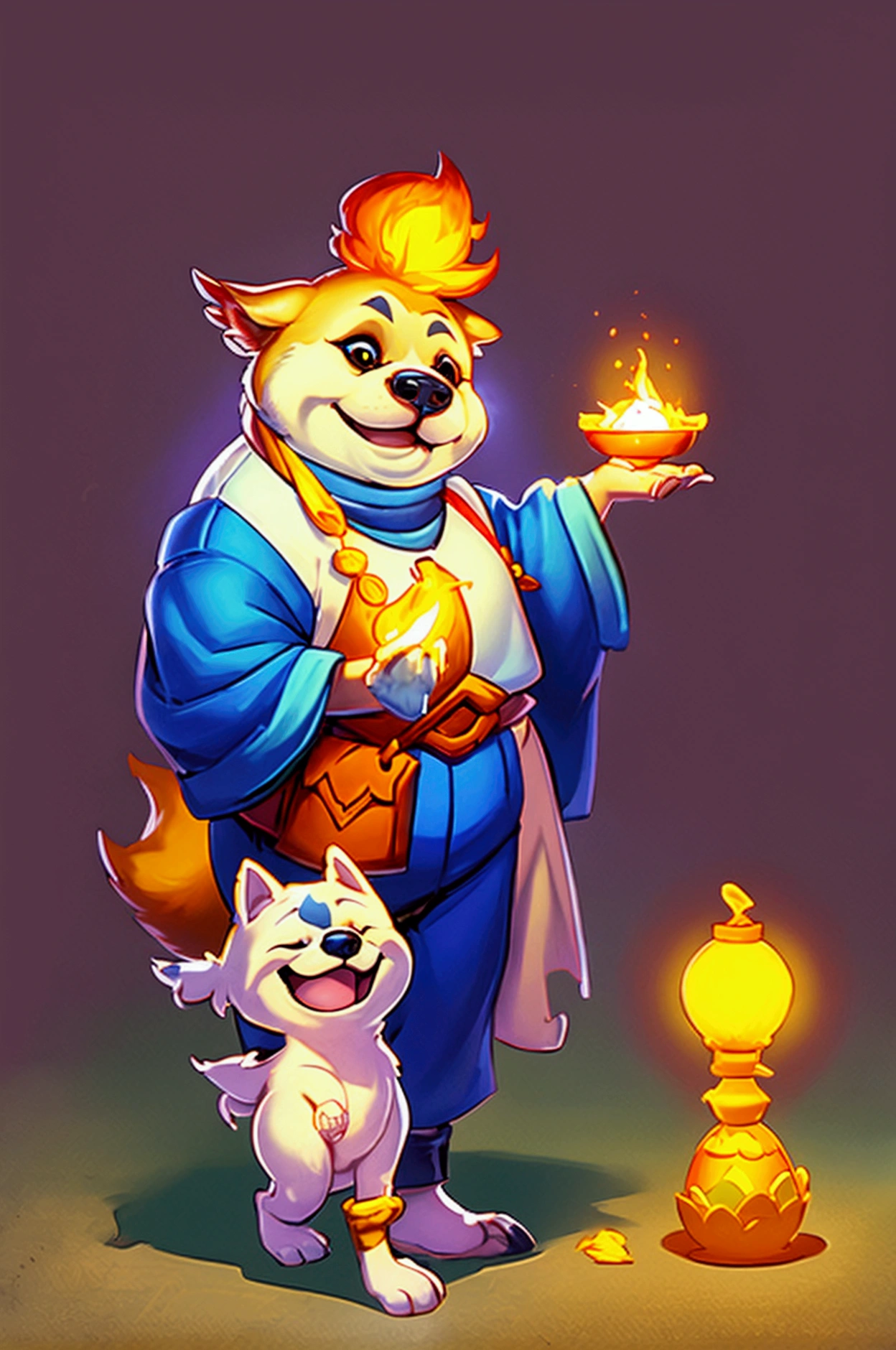 Concept art, character illustration, European and American cartoons, dog akita, 1 Akita, smiling, tail waving, cockatiel in hand, light ginger 