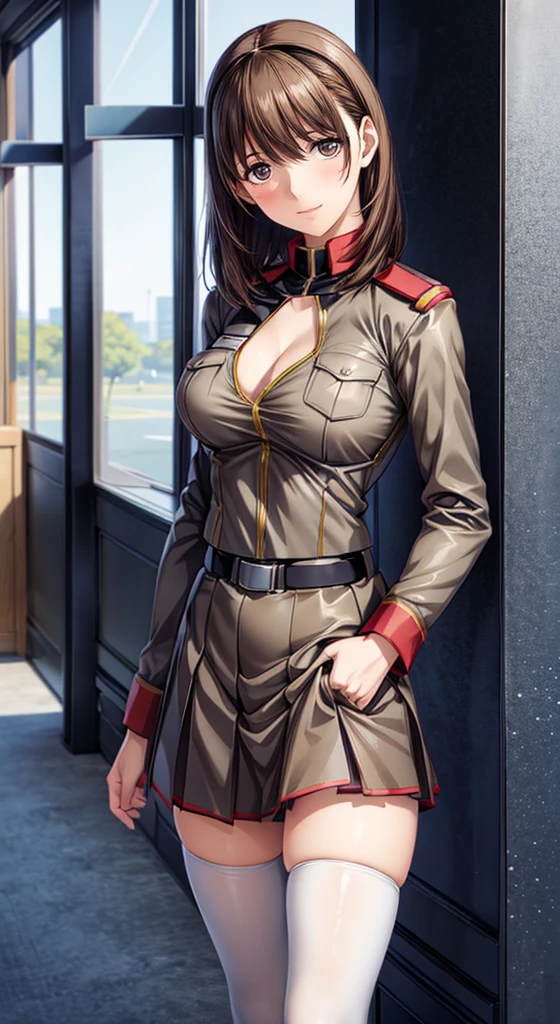 anime girl in uniform posing in a hallway with her hands on her hips, (sfw) safe for work, anya from spy x family, in uniform, red uniform, cushart krenz, female protagonist 👀 :8, cushart kenz, fully - clothed!!!, in a soldier uniform, makoto shinka, jk uniform,(mini skirt:1.0)