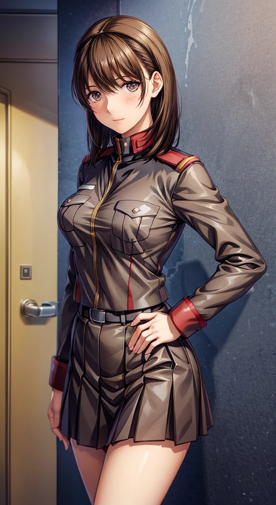 anime girl in uniform posing in a hallway with her hands on her hips, (sfw) safe for work, anya from spy x family, in uniform, red uniform, cushart krenz, female protagonist 👀 :8, cushart kenz, fully - clothed!!!, in a soldier uniform, makoto shinka, jk uniform,(mini skirt:1.0)