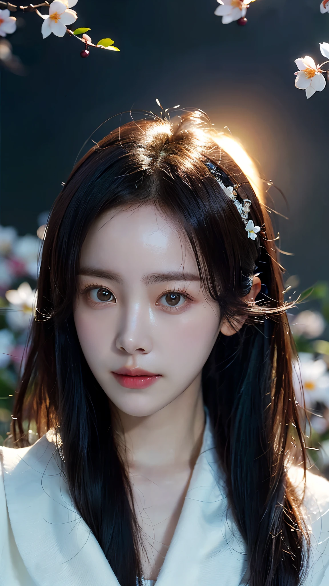 ( logo , masterpiece, 8k, Tabletop, RAW photos, huge , Top Quality, realistic and High quality 디테일 CG integrated 8k wallpaper, High quality, High quality 디테일, particle effect , Dynamic Effects , border depth , Movie lighting, Lens Flare, ray tracing , with pale golden eyes )), (( 1 Beautiful Woman , silvery long hair , beautiful face, Real face, beautiful, clear eyes, beautiful skin )), ((night, , Blue full moon , night sky, cherry blossoms, cherry blossomss, Falling Petals , Flying petals)), beautiful eyes