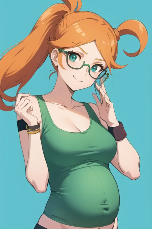 sonia, side ponytail, cleavage, upper body, looking over eyewear, 1 pregnant girl, collarbone, closed mouth, green shirt, sunglasses, orange hair, heart, simple background, aqua eyes, heart hair ornament, sketch, wristband, tank top, adjusting eyewear, looking at viewer, navel, midriff, crop top, hair ornament, smile, solo, bare shoulders, long hair, medium breasts, third trimester of pregnancy