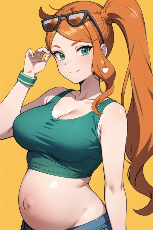 sonia, side ponytail, cleavage, upper body, looking over eyewear, 1 pregnant girl, collarbone, closed mouth, green shirt, sunglasses, orange hair, heart, simple background, aqua eyes, heart hair ornament, sketch, wristband, tank top, adjusting eyewear, looking at viewer, navel, midriff, crop top, hair ornament, smile, solo, bare shoulders, long hair, medium breasts, third trimester of pregnancy