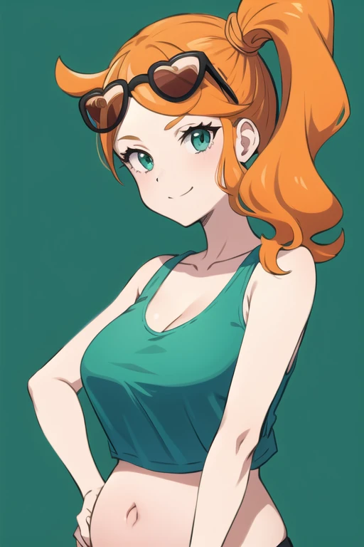 sonia, side ponytail, cleavage, upper body, looking over eyewear, 1 pregnant girl, collarbone, closed mouth, green shirt, sunglasses, orange hair, heart, simple background, aqua eyes, heart hair ornament, sketch, wristband, tank top, adjusting eyewear, looking at viewer, navel, midriff, crop top, hair ornament, smile, solo, bare shoulders, long hair, medium breasts, third trimester of pregnancy