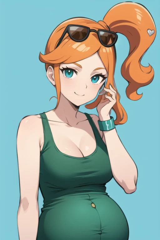 sonia, side ponytail, cleavage, upper body, looking over eyewear, 1 pregnant girl, collarbone, closed mouth, green shirt, sunglasses, orange hair, heart, simple background, aqua eyes, heart hair ornament, sketch, wristband, tank top, adjusting eyewear, looking at viewer, navel, midriff, crop top, hair ornament, smile, solo, bare shoulders, long hair, medium breasts, third trimester of pregnancy