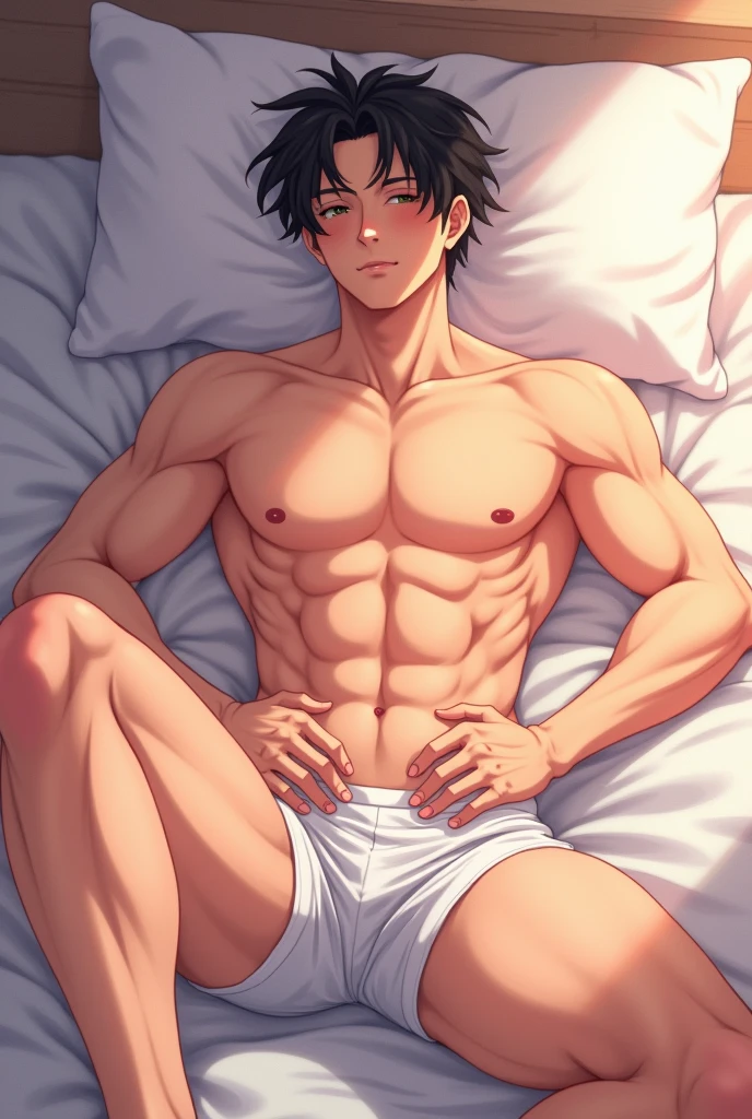 high quality, detailed, Realistic, (one ************ japanese boy), (detailed black eyes), (abs:1.5), (shiny skin), detailed nipples, black hair, (black tiny thong), (erected bulge), summer noon, (smile:0.7), close up face, laying on my side shot,