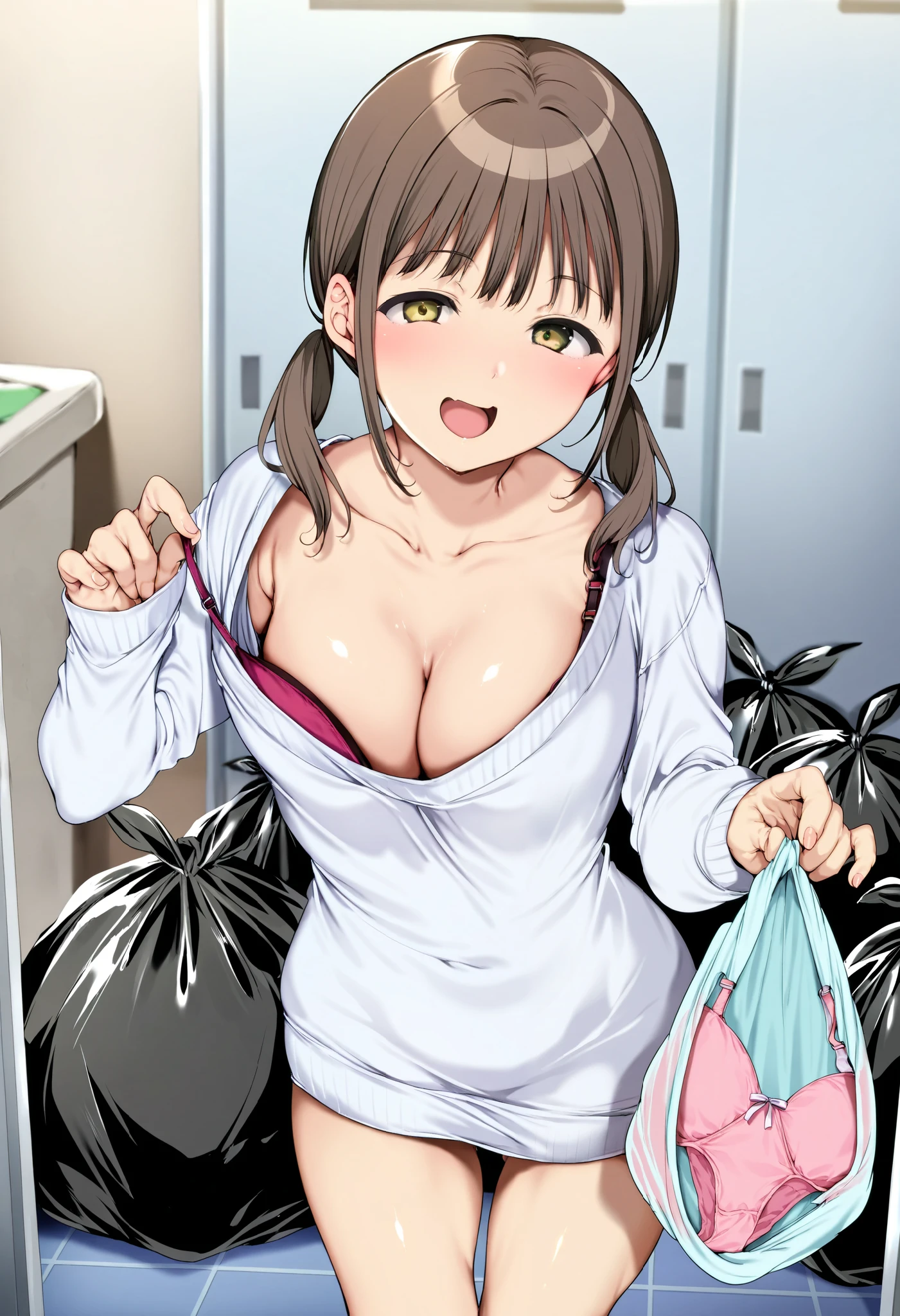 score_9, score_8_up, score_7_up,panties and bras are into sheer-trash-bag/},alp,
,1girl, holding panties,half twintails, shoulder length, (brown hair:1.5), BREAK, ,white sweater,collarbone, cleavage, sweater dress, long sleeves, sleeves past wrists
,{{{she is putting bra in trash bag}}}, translucent-trash-bag, 

,smile, open mouth, look down at viewer}, masterpiece,absurderes, beautiful detailed face

indoors,  laundry room,  laundry bascket, i can see that inside of trash bags,focus on trash bag,BREAK, skirt,BREAK,focus on trash bag,(big trash-bag), (((Translucent-trash-bag))),focus on translucent-trash-bag,laundry room, ,lots of underwesrs are in laundry dustbox,BREAK,