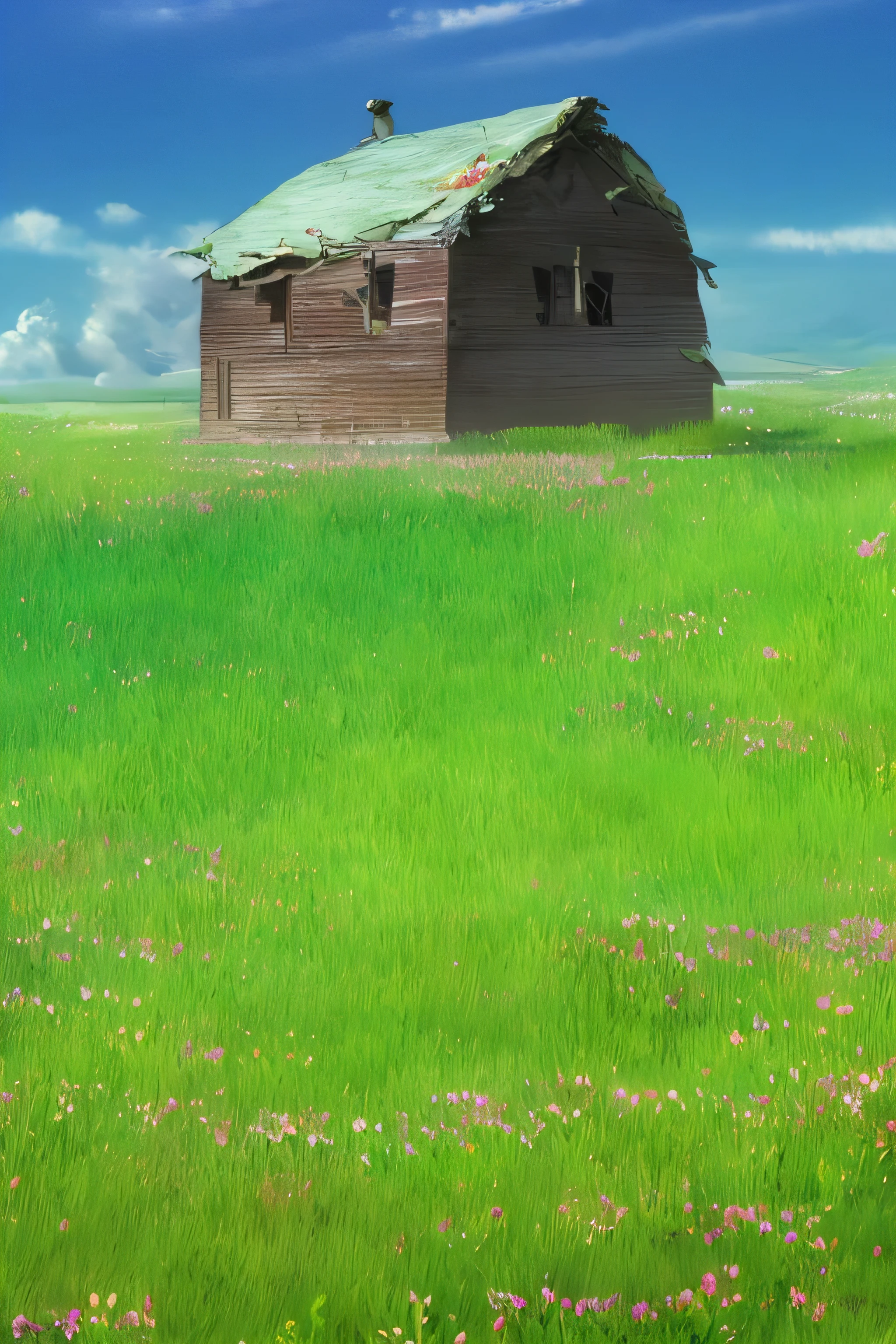 ((masterpiece, best quality)), wide view, grass field, abandoned house, background, HD, high-quality
