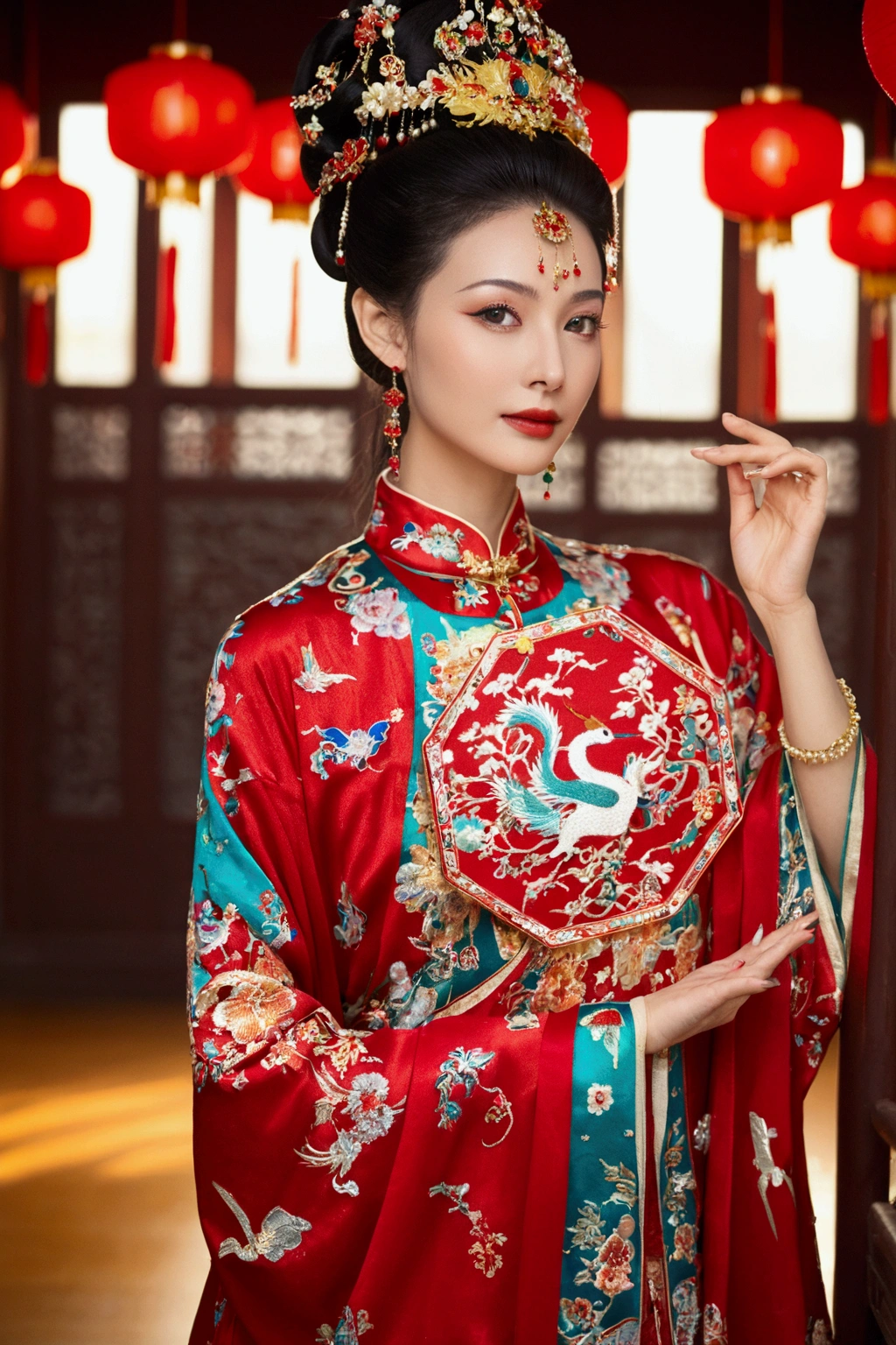 Beautiful lady wearing jwelleries and wearing Chinese dress shining 