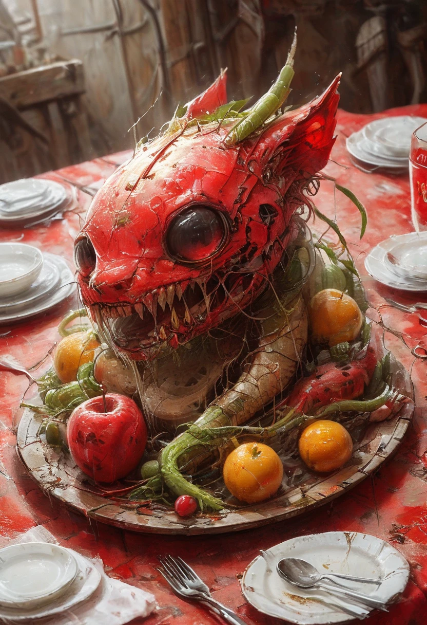 there's a little steam coming off the dish, everything in the scene is made of large very white Rice and natural fruits and vegetables. It looks very tasty and appetizing. Captured from a high-angle perspective on a vibrant red tablecloth, a dragon-like sculpture stands atop a circular wooden plate, adorned with a heart-shaped arrangement. The dragon's head is encircled by a red ribbon, adding a pop of color to the scene. Its mouth is open, revealing its sharp teeth. Its eyes are a bright red, while its head is adorned with two long, curved horns protruding from its head. The snake's body is covered in white rice, with a red stripe running down its side. Its wings are a mix of white and yellow, while the snake's tail is a vibrant shade of red. A green apple, a pear, a red apple, and a yellow flower are arranged on the plate, along with a small white bowl. To the right of the plate is a bowl of oranges, and to the left of the bowl is another bowl of corn. In the background is a dark red curtain, adding depth to the composition.