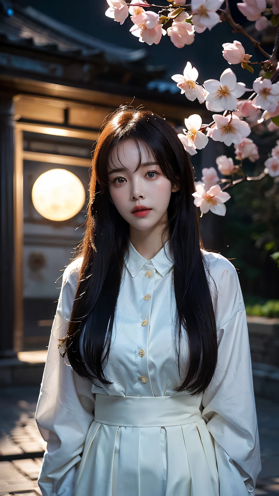( logo , masterpiece, 8k, Tabletop, RAW photos, huge , Top Quality, realistic and High quality 디테일 CG integrated 8k wallpaper, High quality, High quality 디테일, particle effect , Dynamic Effects , border depth , Movie lighting, Lens Flare, ray tracing , with pale golden eyes )), (( 1 Beautiful Woman , silvery long hair , beautiful face, Real face, beautiful, clear eyes, beautiful skin )), ((night, , Blue full moon , night sky, cherry blossoms, cherry blossomss, Falling Petals , Flying petals)), beautiful eyes
