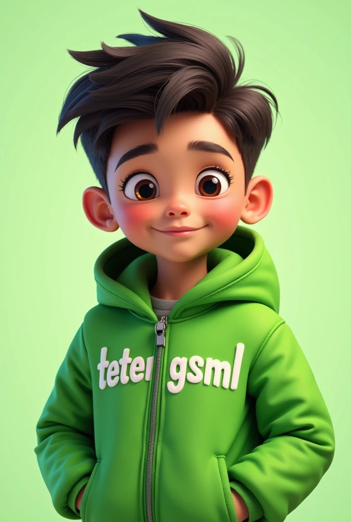 create an avatar, boy 8 years, brazilian, pixar style, this boy is the beautiful face, perfect hair, perfecr beautiful face, smiling, green eye, perfect noise, perfect eye,