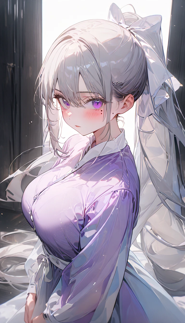 (8k, RAW Photos,  best quality,   Masterpiece :1.3), pose, 1 girl ,  very beautiful face  , random expression ,ＪＫ_ style  ,(Age 19),Big Breasts,hk1, purple eyes, grey hair, hair between eyes, long hair, very long hair, ponytail, mole, mole under eye, bow, white bow