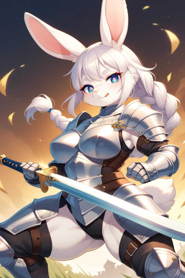 score_9, score_8_up) score_7_up, score_6_up, solo, rabbit, kemono, muscular female, anthro, cute, hair braid, white pupils, lidded eyes, eyeliner, action pose, knight, armor licking lips, sword,