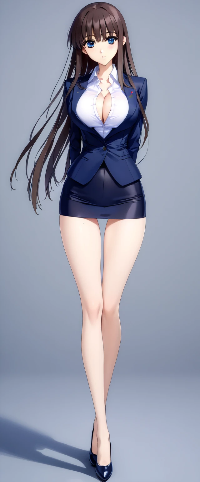 Megumi Kato,  1 girl , Alone, bangs,  brown hair, (((Female lawyer, ( formal suit micro mini skirt that shows only a little bit of crotch,  High Waist Micro Mini Pencil Skirt ),  white shirt,   Navy Blue Jacket,Big Breasts、 cleavage、Thin legs)))、 perfect body,  Anime Virtual YouTuber Full Body Model , ((Full body of a single character,  standing in a splendid posture , short!,  full body shot超詳細))、 skinny, Alone, 1 female,   Masterpiece ,   best quality ,   best quality , 16k,  Incredibly Ridiculous,  high definition, 2.5D, AI-generated, Delicate and dynamic,  Very delicate facial expression,  delicate eye depiction,  Erotic , only  sexy woman, ((A cute and kind face)),((((Beautifully detailed eyes、 beautiful detailed eyes from outside the train))))、 Healthy body shape, ((25-year-old woman)), Height: 170cm,  Moderately Firm Swaying Bust , sexy, (( Thin Thighs )),,  shiny, 視聴者にfrontを向いている, smile, ((Oily_skin)), (((( full body shot、 straight hair)))),  Erotic  pose,  fashion model posing with faded gray hair,   fashion model style DJ, (((micro mini length pencilskirt、front、You can fully see your thighs 、Very thin thighs、Long beautiful legs、痩せていてBig Breasts、 navy blue flawless micro mini pencil skirt)))、whole body、entire body、full body、total body、((((CowboysHot、downwards、from front、Simple Background))))、