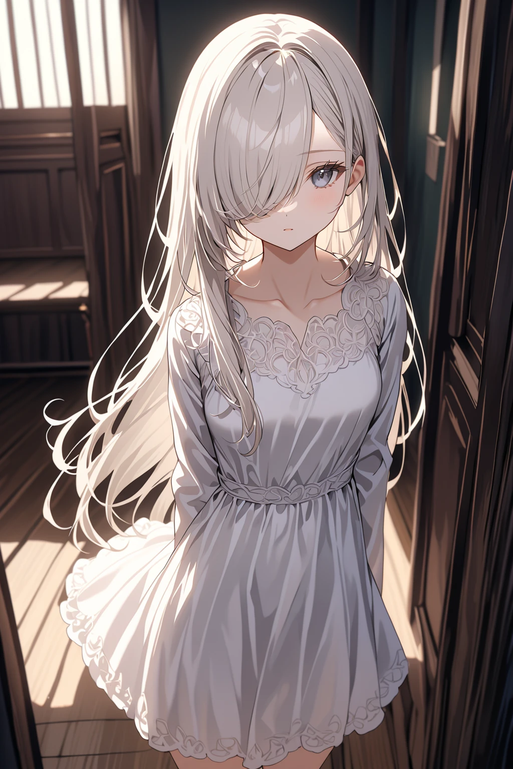  1girl, Solo, Looking at viewer, Shy, Cute, grey Eyes, Empty Eyes, Expressionless Eyes, white Hair, Very Long Ponytai, Straight Hair, ((Hair Over One Eye, Swept Bangs:1.5)), Petite, Pale Skinned, Slender, Curvy, (white dress,summer dresses,long sleeves,short dress), Standing, Indoors, Cinematic Lighting, Masterpiece, 4K, Best Quality, High Resolution, (SuperQuality:1.0) ~ (SuperQuality:1.2) .modern room background