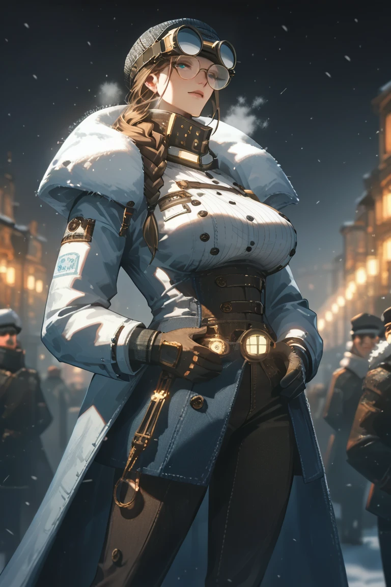 rating_questionable, 1girl, frost punk, snow, tall, Tall and lean, Woman, brass goggles, heavy coat, Steampunk, Brown Hair, frostpunkfaction, Small breasts, blue eyes, round glasses, popped collar, thick, curvy, big ass, thick thighs, stalwart, snowstorm, whiteout snowstorm Victorian city, frost punk, Woman, brass goggles on head, Steampunk, Brown Hair, frostpunk, frostpunkfaction, giant breasts, boob belt, chest belt, whiteout snow, high collar, blue eyes, round glasses, long pants, thick, curvy, scarf, engineer, overalls, heavy coat, machinist, portable generator, tubes, many layers, pilgrim, stalwart, ball grab, horse cock