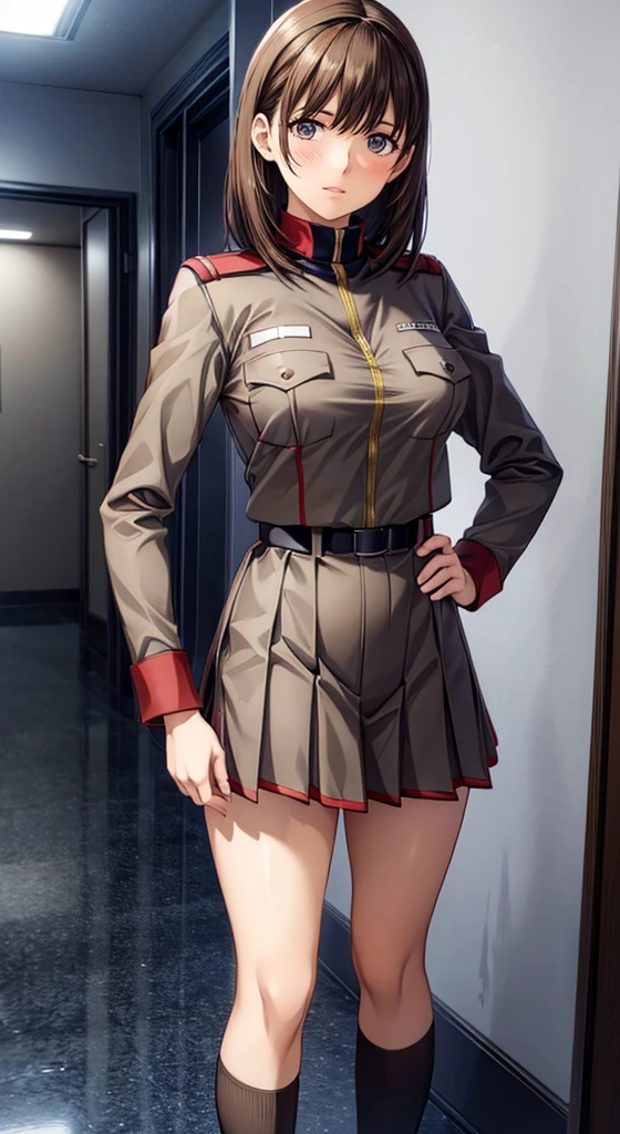 anime girl in uniform posing in a hallway with her hands on her hips, (sfw) safe for work, anya from spy x family, in uniform, red uniform, cushart krenz, female protagonist 👀 :8, cushart kenz, fully - clothed!!!, in a soldier uniform, makoto shinka, jk uniform,(tight skirt:1.0)