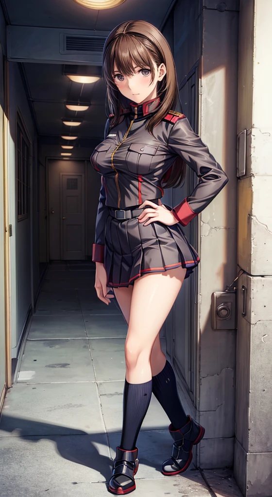 anime girl in uniform posing in a hallway with her hands on her hips, (sfw) safe for work, anya from spy x family, in uniform, red uniform, cushart krenz, female protagonist 👀 :8, cushart kenz, fully - clothed!!!, in a soldier uniform, makoto shinka, jk uniform,(tight skirt:1.0)