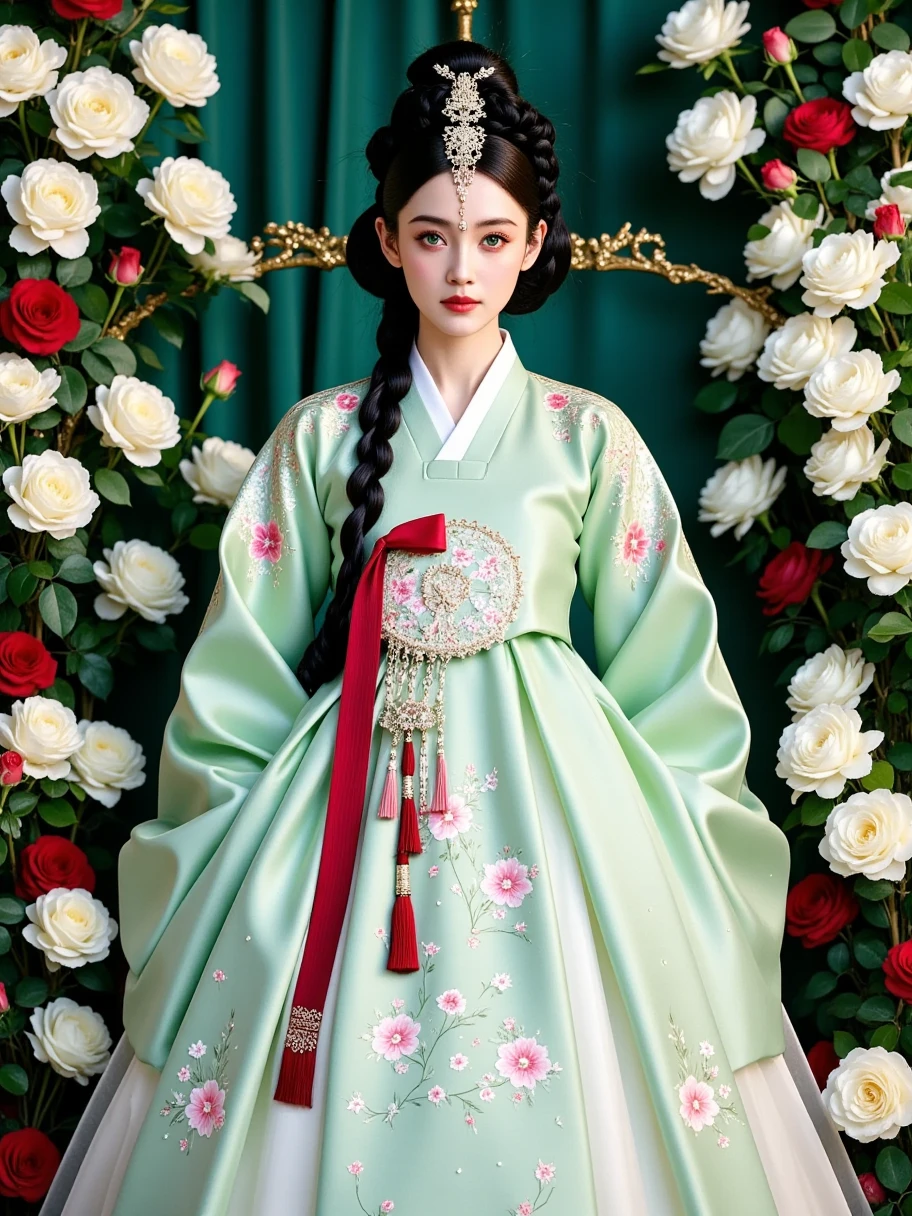 (full body shot: 2.5), 1girl, create a vertical portrait of an exquisite and beautiful European model wearing a traditional Korean Hanbok, set against a lush and elegant floral background. The woman has captivating green eyes, fair skin, and long black hair styled in a graceful updo with delicate loose strands framing her face. Her expression is serene and poised, enhancing her classical beauty and elegance. The model is very beautiful and absoluty captivating. The Hanbok is meticulously detailed, with a long, flowing jeogori (jacket) in a soft mint green adorned with intricate floral embroidery featuring pink, red, and white blossoms. The wide sleeves are decorated with delicate patterns and subtle gold accents, and her chima (skirt) flows elegantly, with embroidered flowers cascading toward the hem. Tied at her waist is a richly detailed norigae (traditional Korean tassel ornament) in deep red, with elaborate knotwork and metallic charms that add an element of cultural authenticity and grace. The background is a luxurious outdoor setting, reminiscent of a traditional Korean garden, featuring an abundance of white and red roses, arranged artfully to create a harmonious, vibrant contrast against a deep emerald-green fabric backdrop. The setting has a refined, almost painterly quality, evoking the romantic realism of classical portrait painters like John Singer Sargent, combined with the modern, ethereal elegance captured by photographers such as Annie Leibovitz in her cultural portraits. Soft, natural lighting illuminates her face and attire, enhancing the richness of the Hanbok's fabric and the vividness of the surrounding flowers. The composition celebrates both the model's beauty and the cultural richness of the traditional Korean attire, blending elegance, history, and a timeless sense of grace