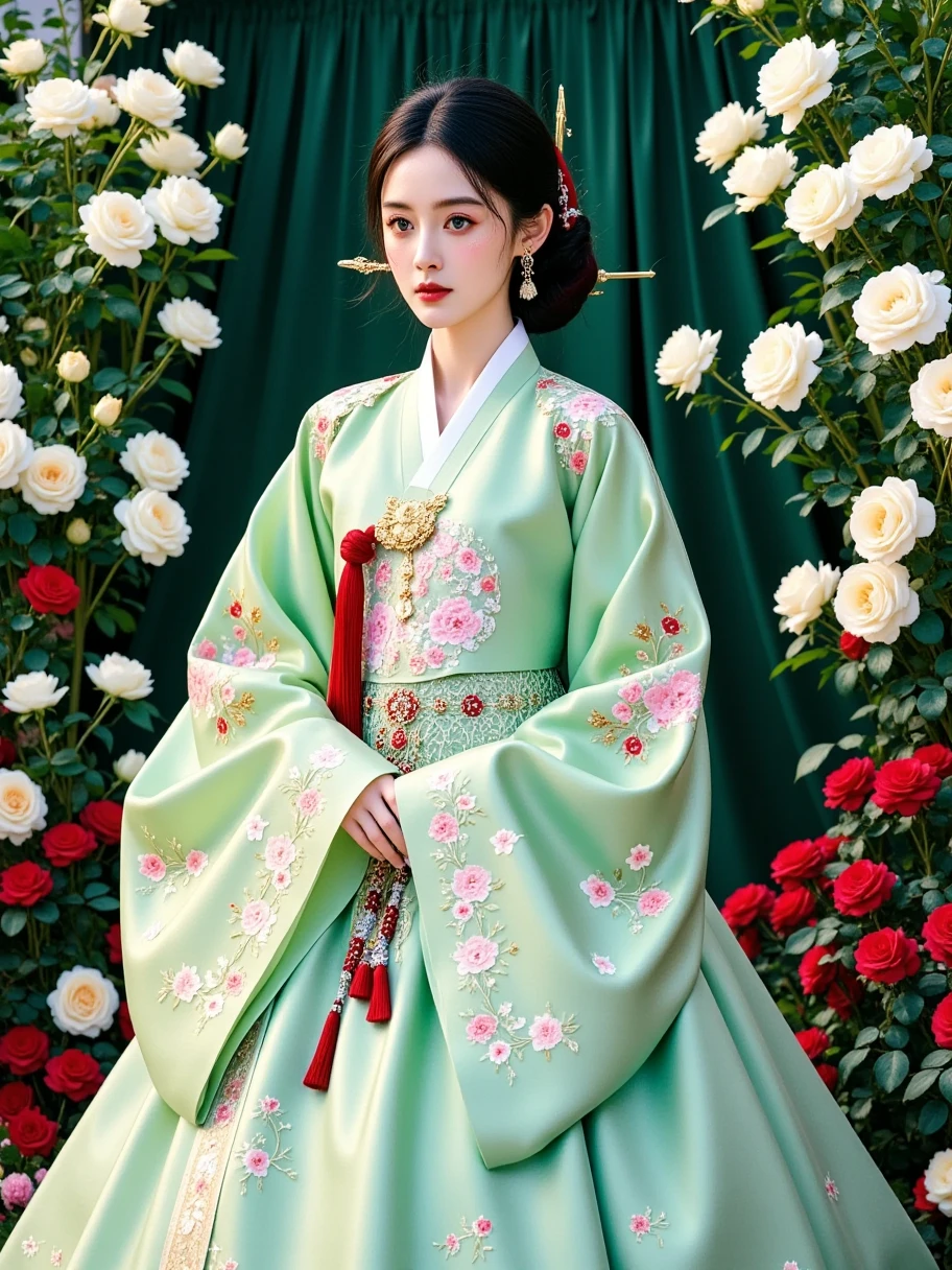 (full body shot: 2.5), 1girl, create a vertical portrait of an exquisite and beautiful European model wearing a traditional Korean Hanbok, set against a lush and elegant floral background. The woman has captivating green eyes, fair skin, and long black hair styled in a graceful updo with delicate loose strands framing her face. Her expression is serene and poised, enhancing her classical beauty and elegance. The model is very beautiful and absoluty captivating. The Hanbok is meticulously detailed, with a long, flowing jeogori (jacket) in a soft mint green adorned with intricate floral embroidery featuring pink, red, and white blossoms. The wide sleeves are decorated with delicate patterns and subtle gold accents, and her chima (skirt) flows elegantly, with embroidered flowers cascading toward the hem. Tied at her waist is a richly detailed norigae (traditional Korean tassel ornament) in deep red, with elaborate knotwork and metallic charms that add an element of cultural authenticity and grace. The background is a luxurious outdoor setting, reminiscent of a traditional Korean garden, featuring an abundance of white and red roses, arranged artfully to create a harmonious, vibrant contrast against a deep emerald-green fabric backdrop. The setting has a refined, almost painterly quality, evoking the romantic realism of classical portrait painters like John Singer Sargent, combined with the modern, ethereal elegance captured by photographers such as Annie Leibovitz in her cultural portraits. Soft, natural lighting illuminates her face and attire, enhancing the richness of the Hanbok's fabric and the vividness of the surrounding flowers. The composition celebrates both the model's beauty and the cultural richness of the traditional Korean attire, blending elegance, history, and a timeless sense of grace