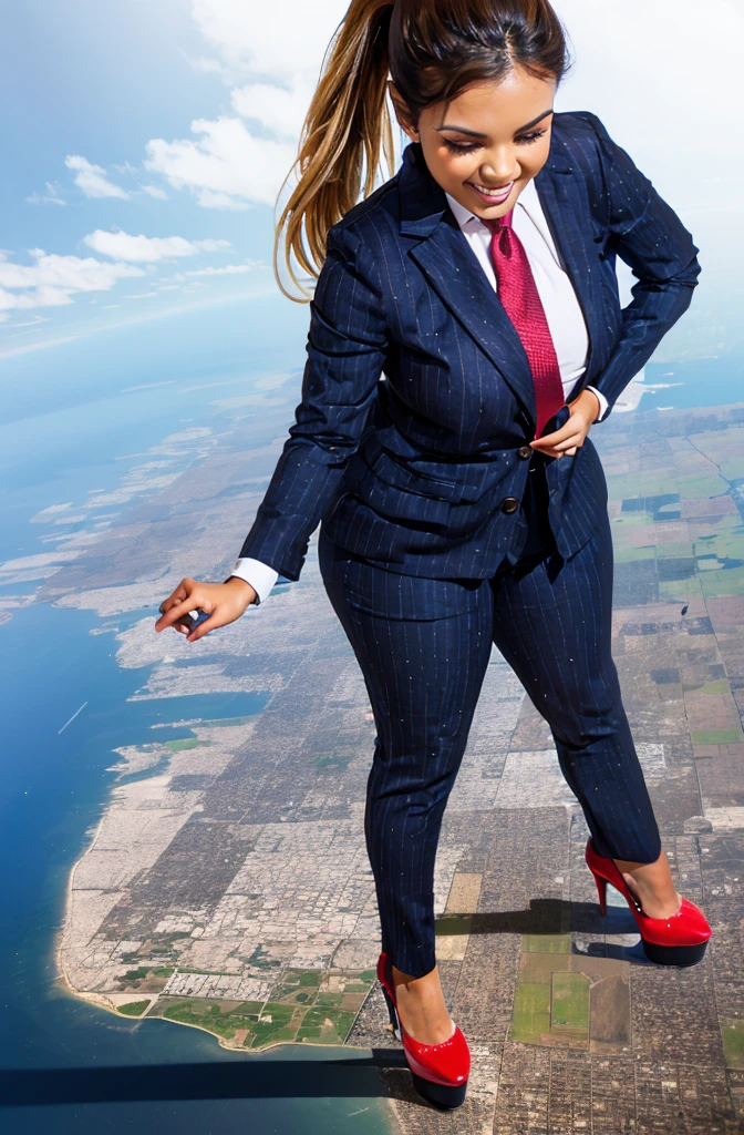 Giga Giantess art 1:4, highly detailed giga giantess shots, ginger bbw white woman full body view, giga giantess, giga giantess so massive compared to the world,  huge breasts, light navy blue pinstriped 3 piece suit with trouser and blazer, white tailored shirt done up thick and very large Windsor knot navy blue tie, ties length reaches trousers, Has long full wavy ponytail, Wearing a pair of  red polished platform heels Professional attire A look of enjoyment, Beautiful appearance, smile, horny (view from the ground)giga goddess, full body view, stepping over very tiny but massive countries, facing towards camera