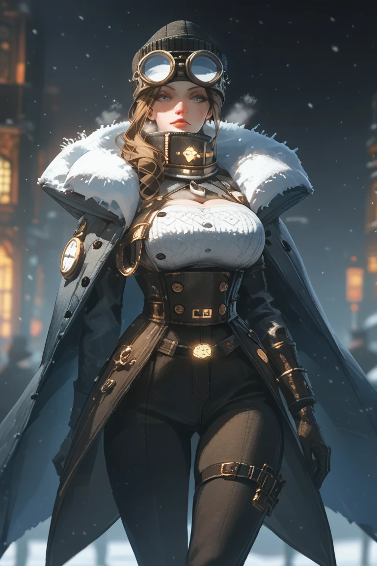 rating_questionable, 1girl, frost punk, snow, tall, Tall and lean, Woman, brass goggles, heavy coat, Steampunk, Brown Hair, frostpunkfaction, Small breasts, blue eyes, round glasses, popped collar, thick, curvy, big ass, thick thighs, stalwart, snowstorm, whiteout snowstorm Victorian city, frost punk, Woman, brass goggles on head, Steampunk, Brown Hair, frostpunk, frostpunkfaction, giant breasts, boob belt, chest belt, whiteout snow, high collar, blue eyes, round glasses, long pants, thick, curvy, scarf, engineer, overalls, heavy coat, machinist, portable generator, tubes, many layers, pilgrim, stalwart.