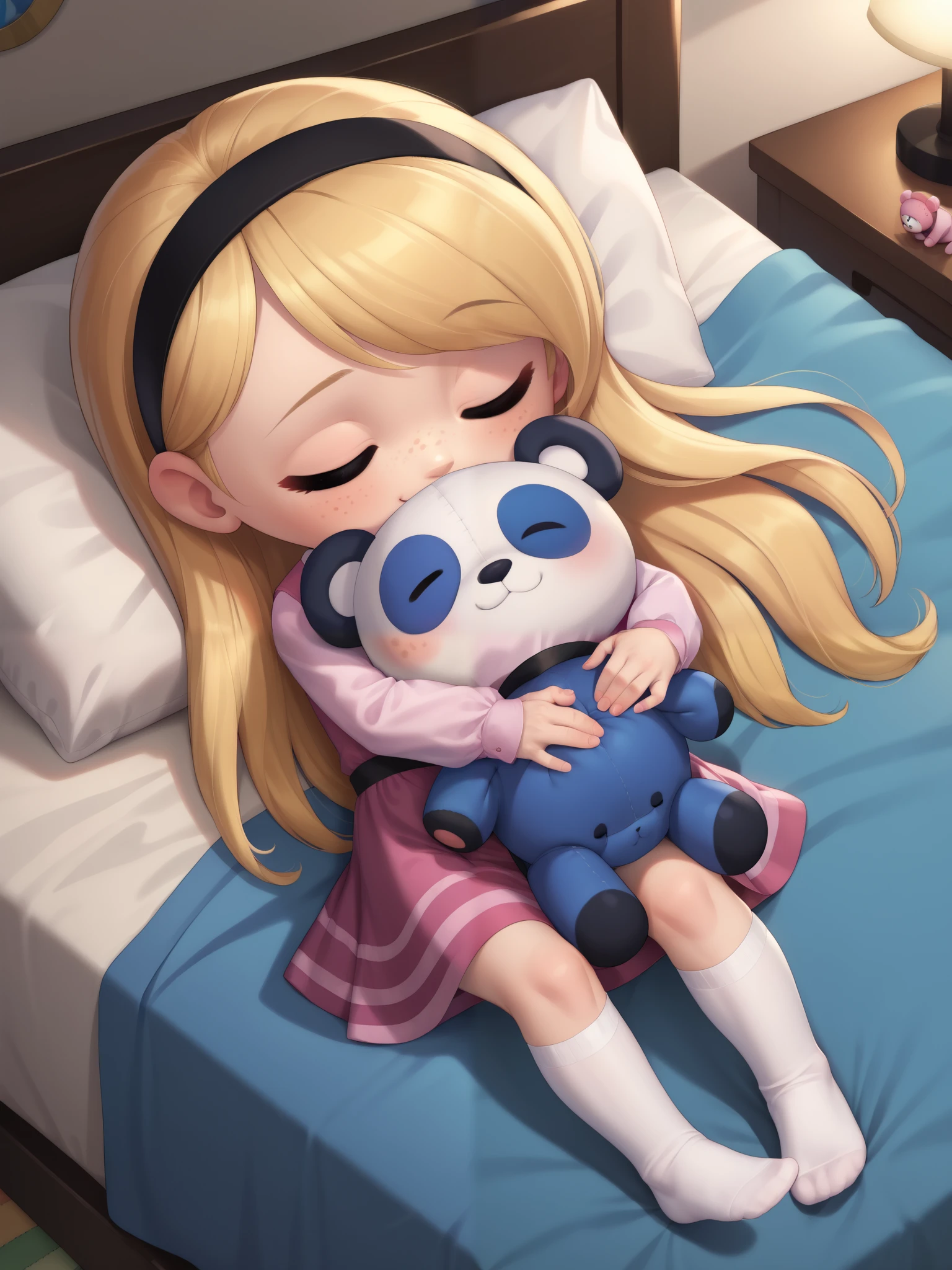 score_9, score_8_up, score_7_up, source_anime, best quality, masterpiece, highly detailed, 1girl, full body, solo, penny peterson, long hair, freckles, blonde hair, skirt, hairband, black hairband, white long tube socks, no shoes, ,dress, ,pink dress, long sleeves, exposing her white panties, ((bedroom)), sleeping in bed, sleepy, leaning, eyes closed, closed mouth, cute girl, cute smile, hugging, a plush toy, panda plush, hugging, snuggled up, snuggling, soft lighting, ((Midnight)), chibi, BREAK, BREAK lora:add-detail-xl:1>, zPDXLxxx, zPDXL2