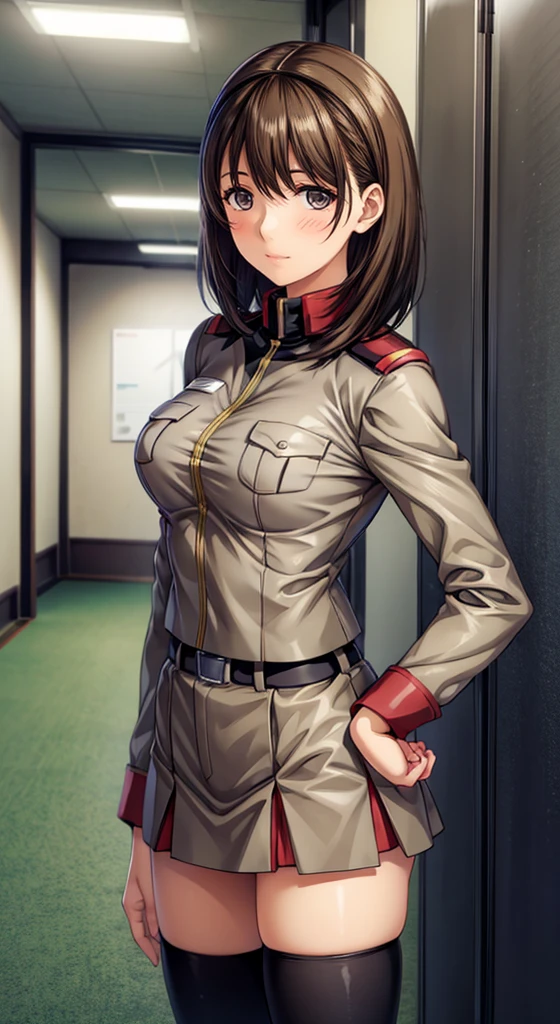 anime girl in uniform posing in a hallway with her hands on her hips, (sfw) safe for work, anya from spy x family, in uniform, red uniform, cushart krenz, female protagonist 👀 :8, cushart kenz, fully - clothed!!!, in a soldier uniform, makoto shinka, jk uniform,(ボックスプリーツ skirt:1.0)