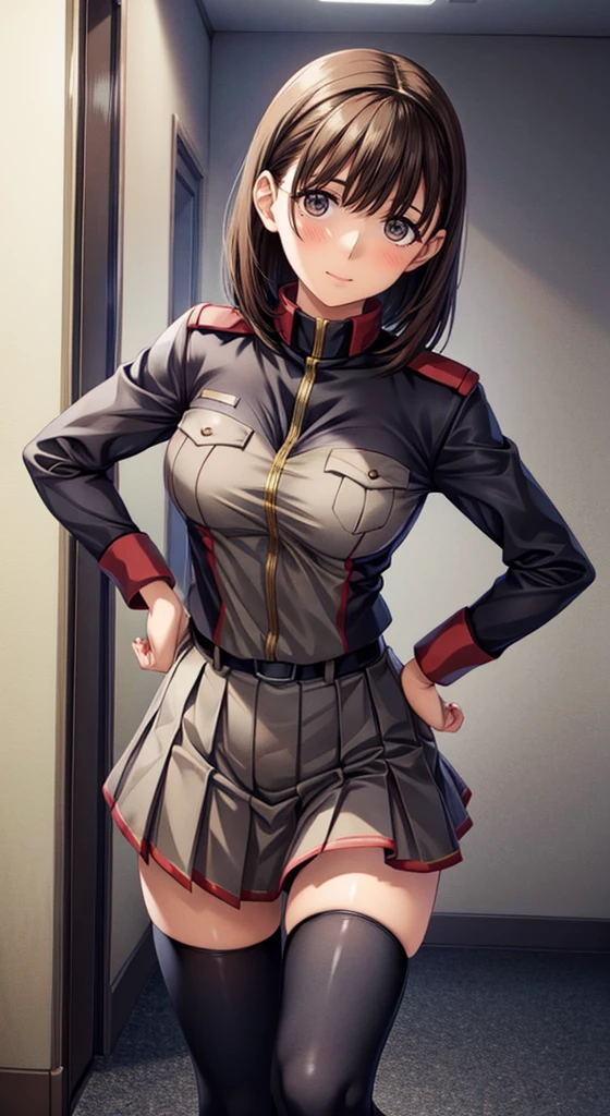 anime girl in uniform posing in a hallway with her hands on her hips, (sfw) safe for work, anya from spy x family, in uniform, red uniform, cushart krenz, female protagonist 👀 :8, cushart kenz, fully - clothed!!!, in a soldier uniform, makoto shinka, jk uniform,(ボックスプリーツ skirt:1.0)