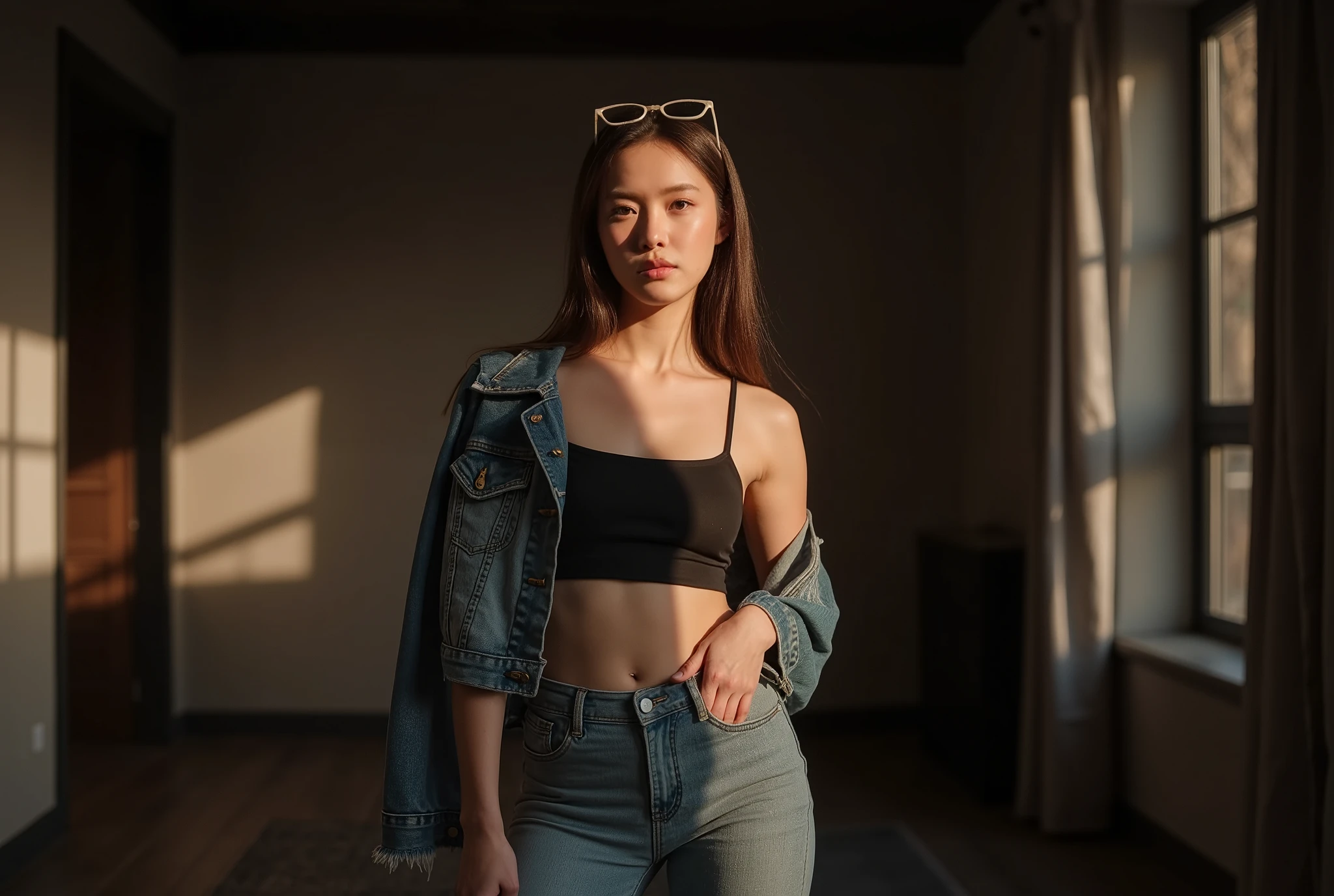 Thai woman, 35 years old, with an athletic body, standing in a loft apartment. The warm natural light streaming in contrasts with the dark shadows, creating a moody atmosphere. She is wearing a structured denim crop jacket over a black crop camisole, paired with low-waisted jeans. A pair of sunglasses rests on top of her head. The shot is a medium frame, emphasizing her confident and casual style.