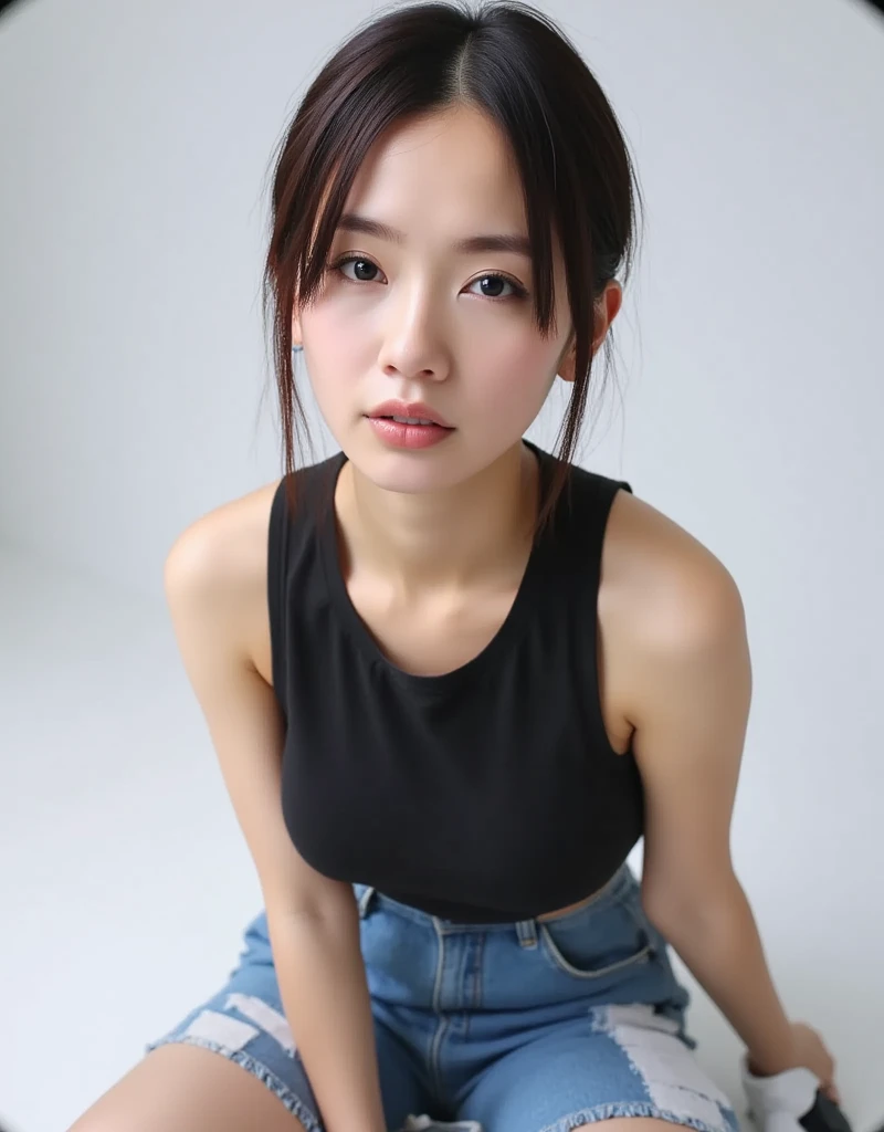 (Photo of a distorted close-up image of a beautiful Asian woman taken with a fisheye lens: 1.6), (Photographed with a fisheye lens: 1.8), (25 years old. Black bob hair, slim body with long limbs, wearing a black oversized tank top and jeans, (Tasteful, understated makeup: 1.6), (H-cup bust: 1.5), (Bold cleavage: 1.6), (Squatting and leaning forward, smiling and blowing kisses to the viewer close to the camera), (Woman distorted in the fisheye lens composition: 1.6)