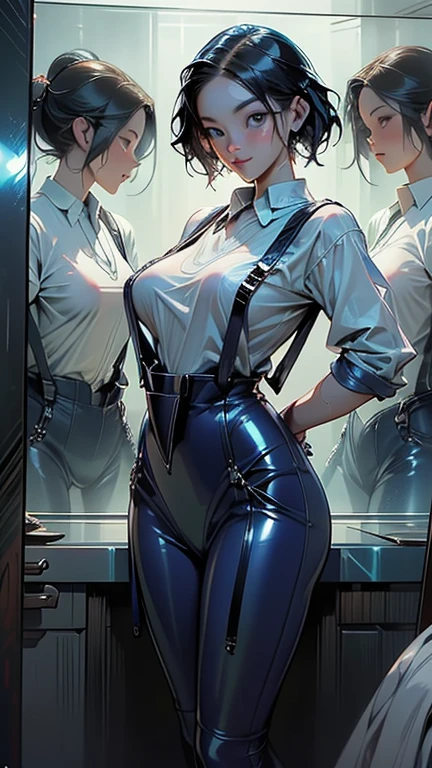 portrait of a office lady sitting in a strict suit, office workers, business woman, OL, pantyhose, garter belt. (face: double eyelids, thick lips, blushing), (seductive curvy body), (expression: disgusted="half closed eyes"), "(hair: redhead pixie cut hair)", (pose: raising both arms and straddle legs) (masterpiece:1.2, best quality, digital art, hyperrealistic details, detailed digital art, realistic texture, detailed CG, extremely high detail, digital illustration, mezmerizing views)