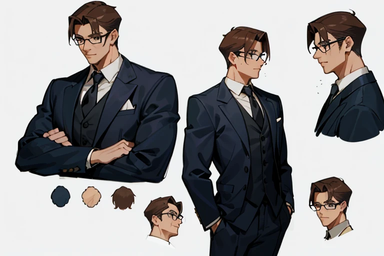 tmasterpiece,top-quality,((character sheets,Same character,gauges,Lateral face,A sole)),environment change scene,Pose Jitai,Chartaran Betarola,(simple background、white backgrounid:1.3),illustratio,1 Male humans，Suit thugs，Handsome，uncles，Strong body，chest muscle，Abs,brunette color hair,wears glasses,Black trousers,Neck tie,multi view