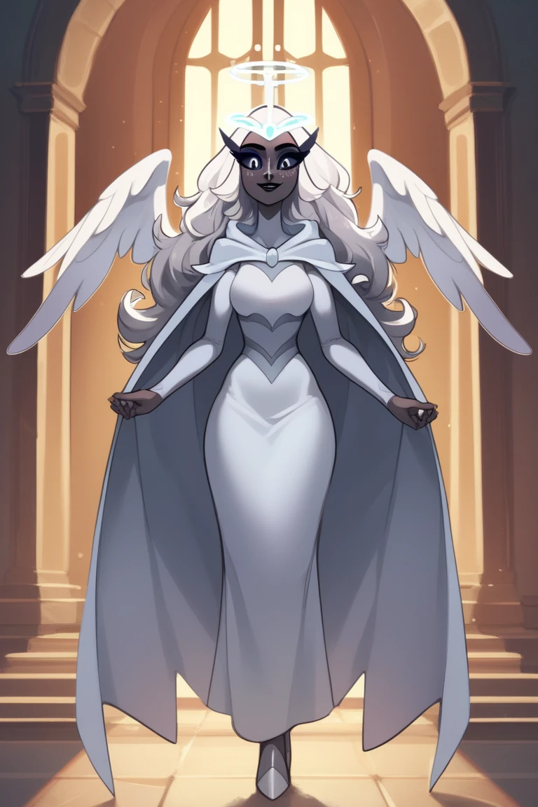 SeraHHXL, dark skin, colored skin, white nose, white freckles face, long eyelashes, makeup, black lips, grey sclera, colored sclera, black pupils, smile, white hair, long hair, halo, glowing halo, angel wings, breasts, (solo), standing, cape, cape covering full body, looking at viewer, indoors