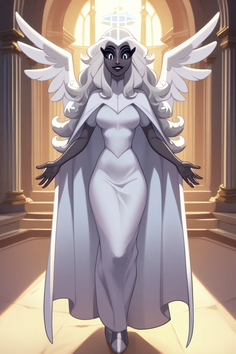 SeraHHXL, dark skin, colored skin, white nose, white freckles face, long eyelashes, makeup, black lips, grey sclera, colored sclera, black pupils, smile, white hair, long hair, halo, glowing halo, angel wings, breasts, (solo), standing, cape, cape covering full body, looking at viewer, indoors