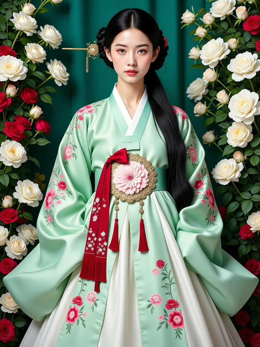 (full body shot: 2.5), 1girl, create a vertical portrait of an exquisite and beautiful European model wearing a traditional Korean Hanbok, set against a lush and elegant floral background. The woman has captivating green eyes, fair skin, and long black hair styled in a graceful updo with delicate loose strands framing her face. Her expression is serene and poised, enhancing her classical beauty and elegance. The model is very beautiful and absoluty captivating. The Hanbok is meticulously detailed, with a long, flowing jeogori (jacket) in a soft mint green adorned with intricate floral embroidery featuring pink, red, and white blossoms. The wide sleeves are decorated with delicate patterns and subtle gold accents, and her chima (skirt) flows elegantly, with embroidered flowers cascading toward the hem. Tied at her waist is a richly detailed norigae (traditional Korean tassel ornament) in deep red, with elaborate knotwork and metallic charms that add an element of cultural authenticity and grace. The background is a luxurious outdoor setting, reminiscent of a traditional Korean garden, featuring an abundance of white and red roses, arranged artfully to create a harmonious, vibrant contrast against a deep emerald-green fabric backdrop. The setting has a refined, almost painterly quality, evoking the romantic realism of classical portrait painters like John Singer Sargent, combined with the modern, ethereal elegance captured by photographers such as Annie Leibovitz in her cultural portraits. Soft, natural lighting illuminates her face and attire, enhancing the richness of the Hanbok's fabric and the vividness of the surrounding flowers. The composition celebrates both the model's beauty and the cultural richness of the traditional Korean attire, blending elegance, history, and a timeless sense of grace