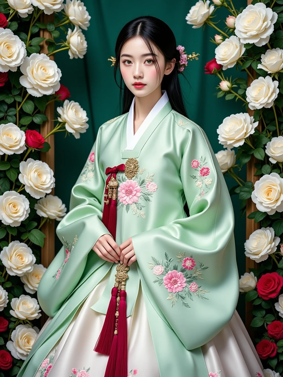 (full body shot: 2.5), 1girl, create a vertical portrait of an exquisite and beautiful European model wearing a traditional Korean Hanbok, set against a lush and elegant floral background. The woman has captivating green eyes, fair skin, and long black hair styled in a graceful updo with delicate loose strands framing her face. Her expression is serene and poised, enhancing her classical beauty and elegance. The model is very beautiful and absoluty captivating. The Hanbok is meticulously detailed, with a long, flowing jeogori (jacket) in a soft mint green adorned with intricate floral embroidery featuring pink, red, and white blossoms. The wide sleeves are decorated with delicate patterns and subtle gold accents, and her chima (skirt) flows elegantly, with embroidered flowers cascading toward the hem. Tied at her waist is a richly detailed norigae (traditional Korean tassel ornament) in deep red, with elaborate knotwork and metallic charms that add an element of cultural authenticity and grace. The background is a luxurious outdoor setting, reminiscent of a traditional Korean garden, featuring an abundance of white and red roses, arranged artfully to create a harmonious, vibrant contrast against a deep emerald-green fabric backdrop. The setting has a refined, almost painterly quality, evoking the romantic realism of classical portrait painters like John Singer Sargent, combined with the modern, ethereal elegance captured by photographers such as Annie Leibovitz in her cultural portraits. Soft, natural lighting illuminates her face and attire, enhancing the richness of the Hanbok's fabric and the vividness of the surrounding flowers. The composition celebrates both the model's beauty and the cultural richness of the traditional Korean attire, blending elegance, history, and a timeless sense of grace